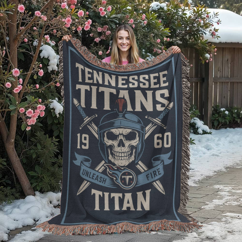 Tennessee Titans Woven Blanket | Unleash Fire Skull Helmet Throw | Sword & Shield Design