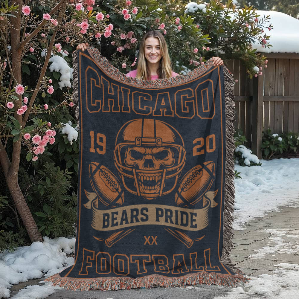 Chicago Bears Woven Blanket | Bears Pride Skull Football Throw | Fan Cave Decor