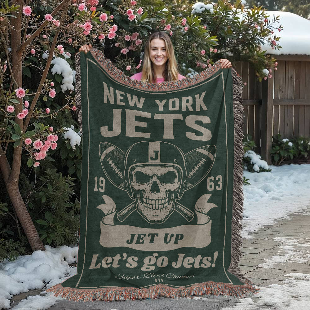 New York Jets Woven Blanket | Skull Helmet Football Throw | Super Bowl III Champions