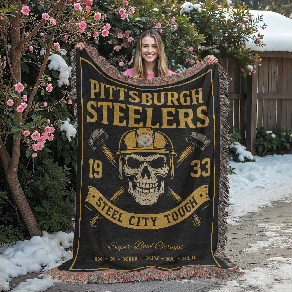 Pittsburgh Steelers Woven Blanket | Steel City Tough Skull Hardhat Throw | Super Bowl Champions