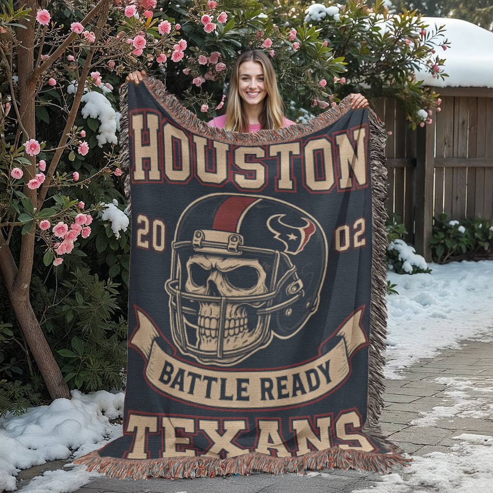 Houston Texans Woven Blanket | Battle Ready Skull Football Throw | Red, White & Blue Edition
