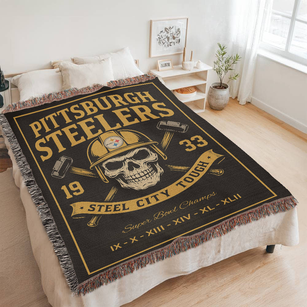 Pittsburgh Steelers Woven Blanket | Steel City Tough Skull Hardhat Throw | Super Bowl Champions