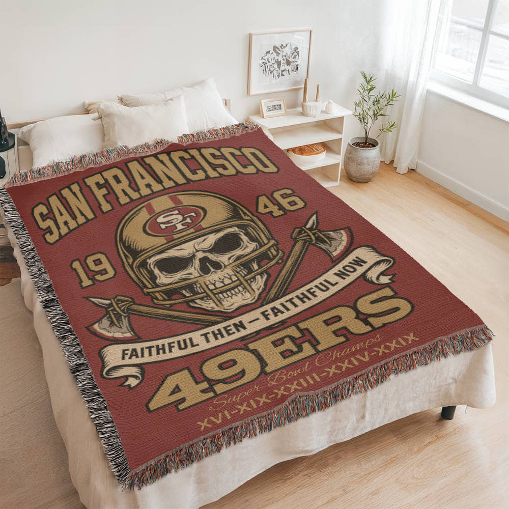 San Francisco 49ers Woven Blanket – “Faithful Then, Faithful Now” Vintage Skull Design