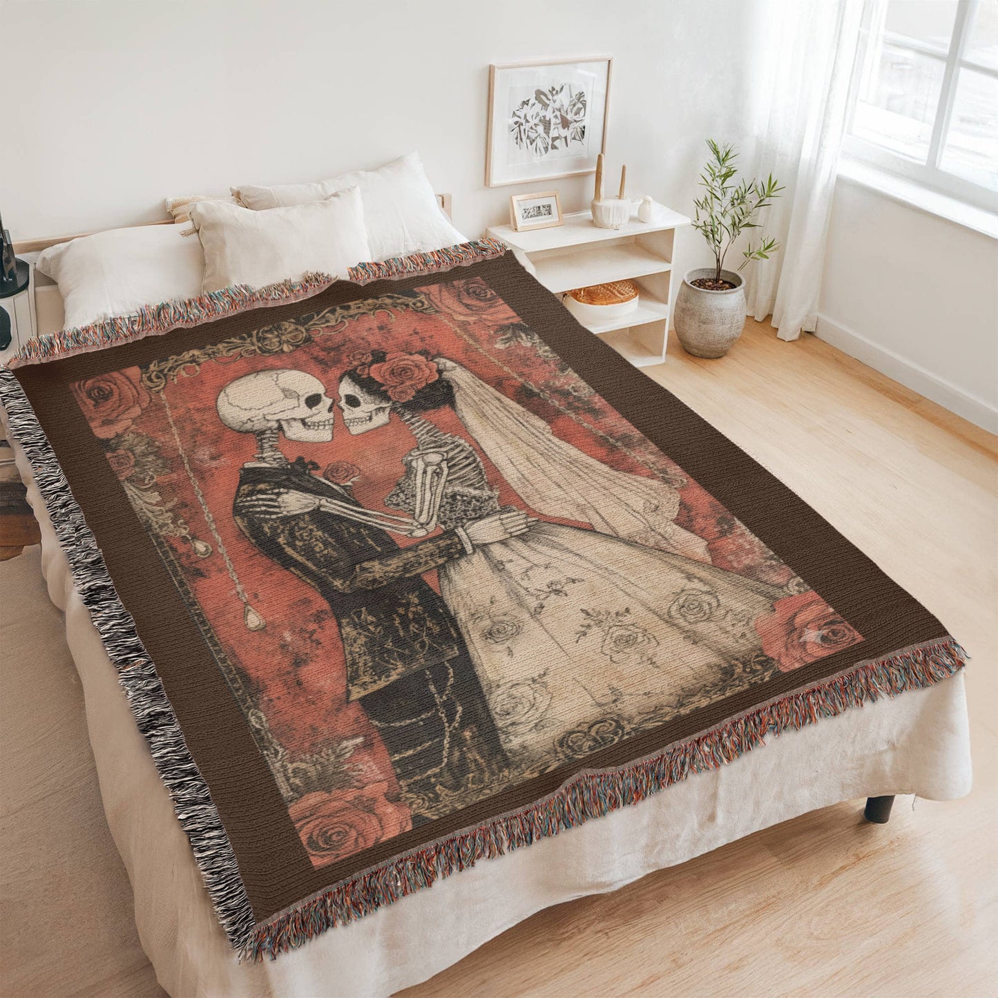 Gothic Skeleton Couple Woven Blanket – Romantic Dark Love Throw, Halloween Wedding Gift, Till Death Do Us Part Decor