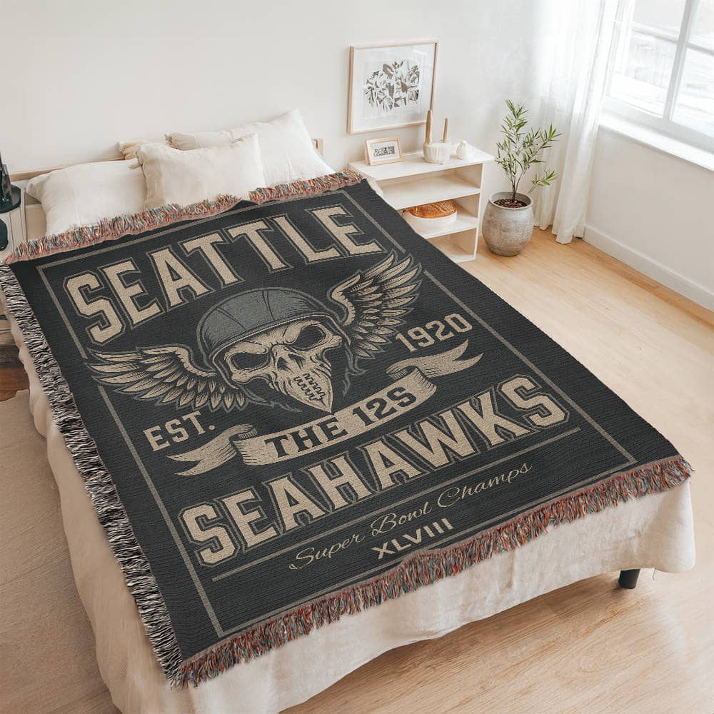 Seattle Seahawks Woven Blanket – “The 12s” Vintage Skull Wings Design