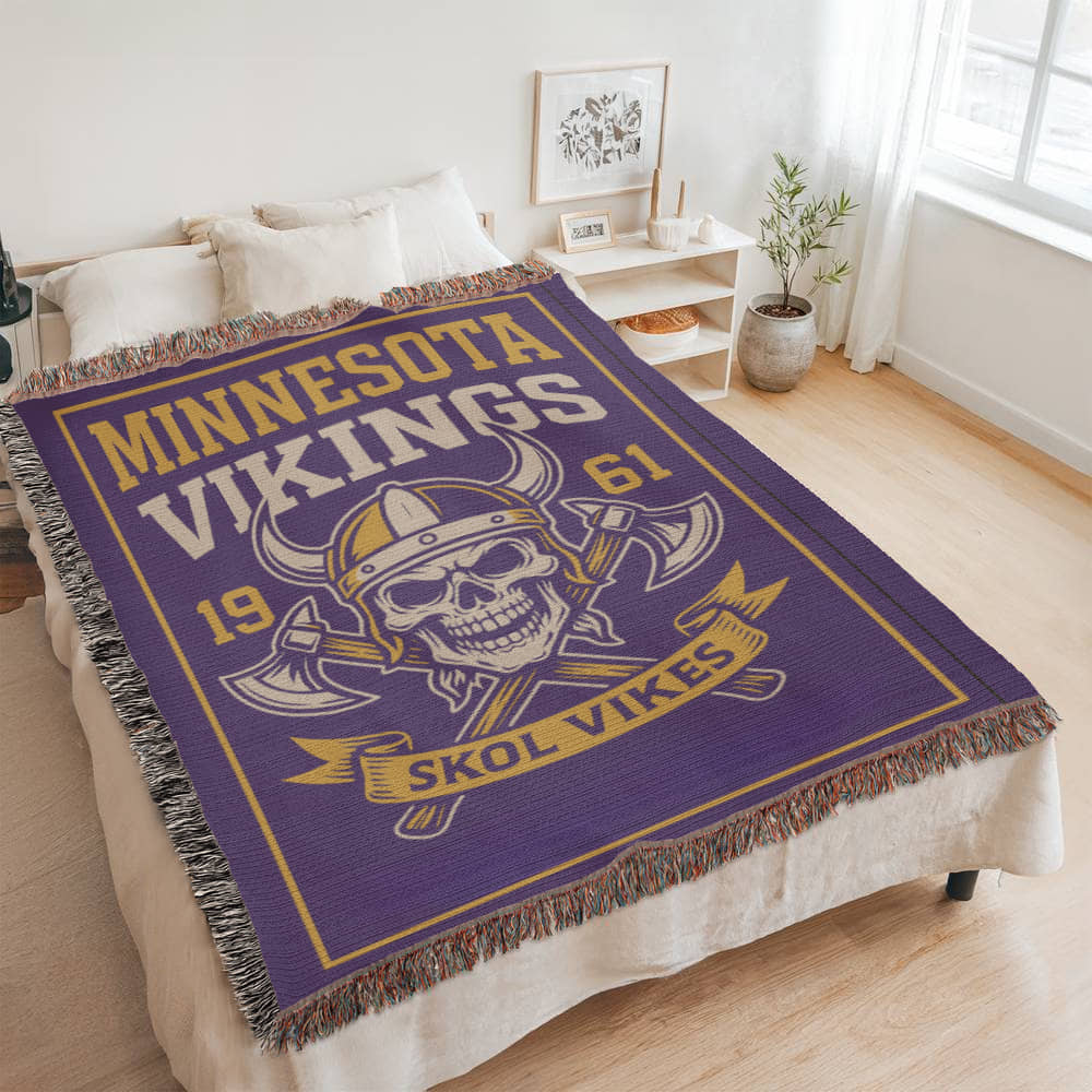 Minnesota Vikings Woven Blanket | Skol Vikes Viking Skull Throw | Football Fan Gift