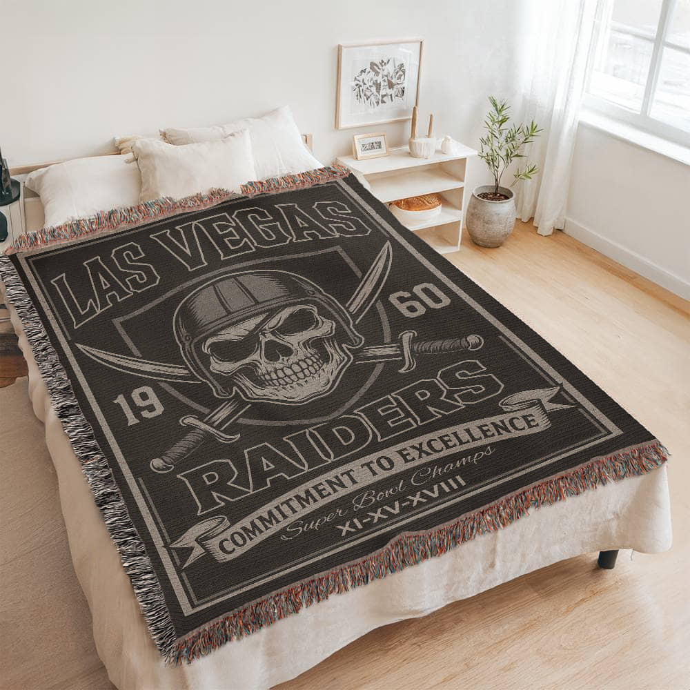 Las Vegas Raiders Woven Blanket | Skull Helmet & Swords Football Throw | Super Bowl XI • XV • XVIII