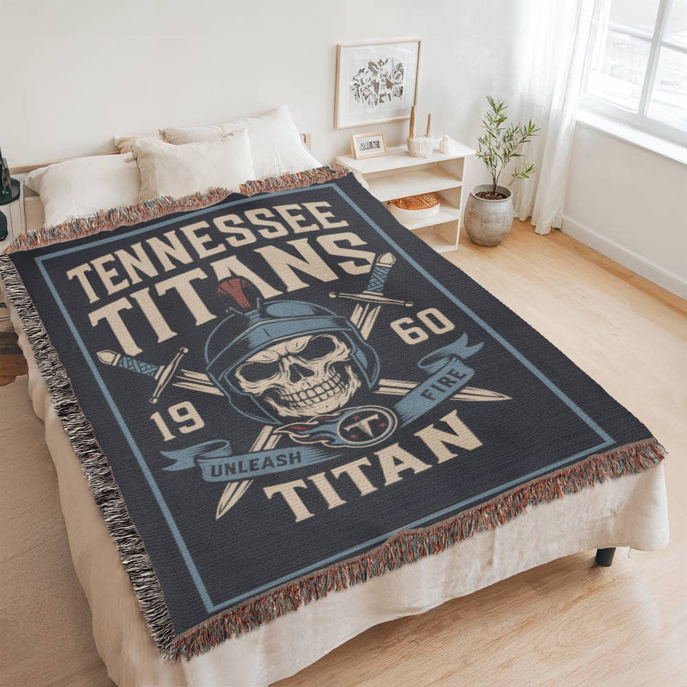 Tennessee Titans Woven Blanket | Unleash Fire Skull Helmet Throw | Sword & Shield Design