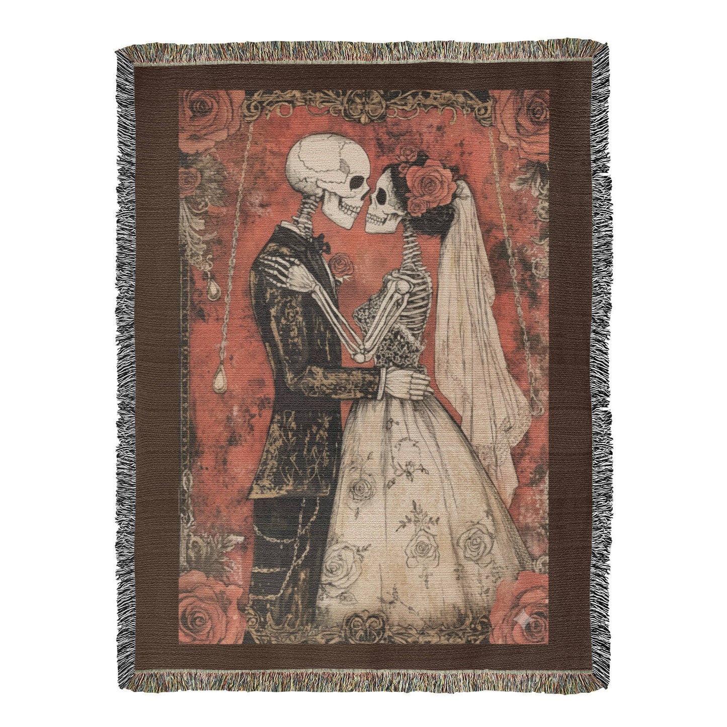 Gothic Skeleton Couple Woven Blanket – Romantic Dark Love Throw, Halloween Wedding Gift, Till Death Do Us Part Decor