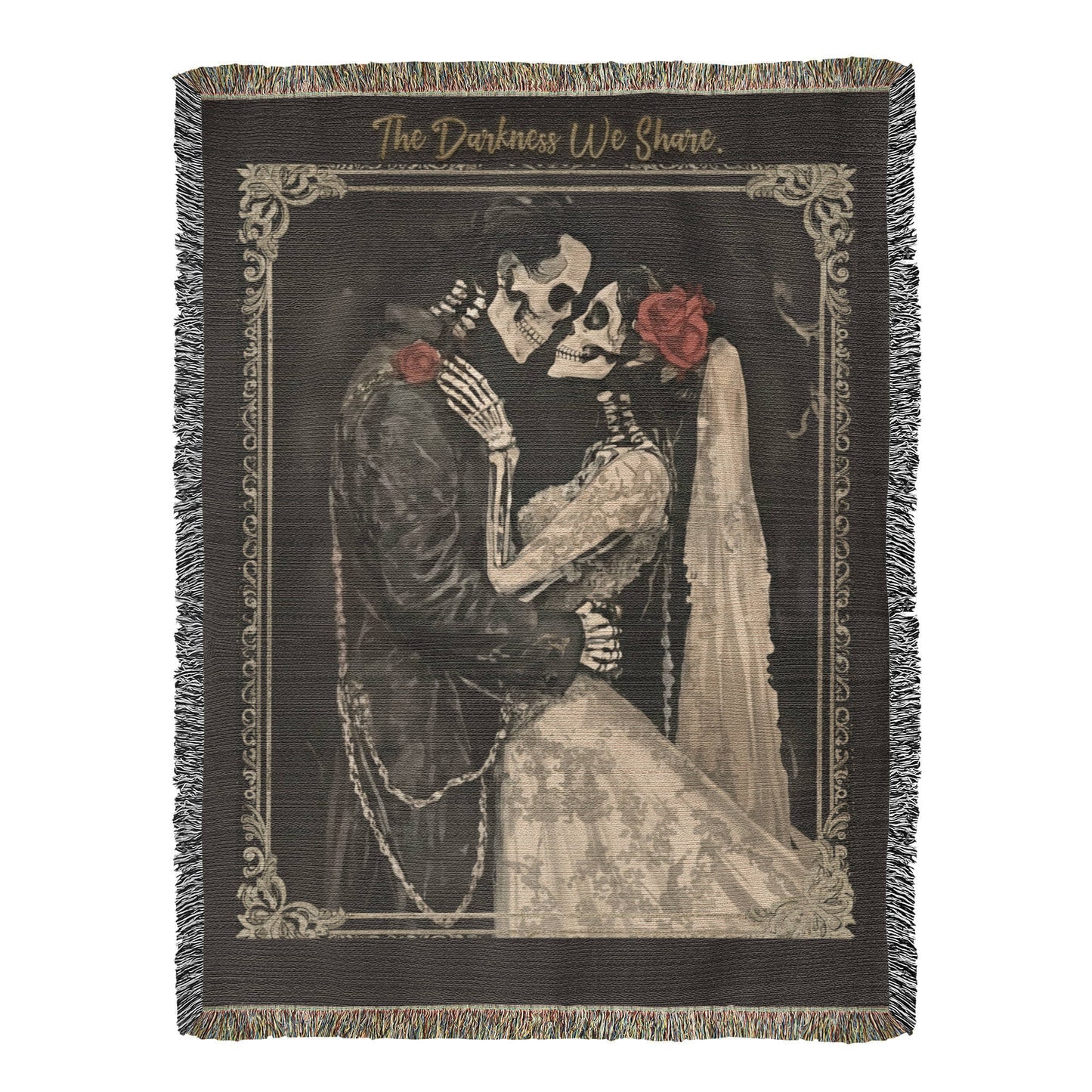 Gothic Valentine Woven Blanket – “The Darkness We Share” – Skeleton Couple Art Throw – Dark Romance Home Decor Gift